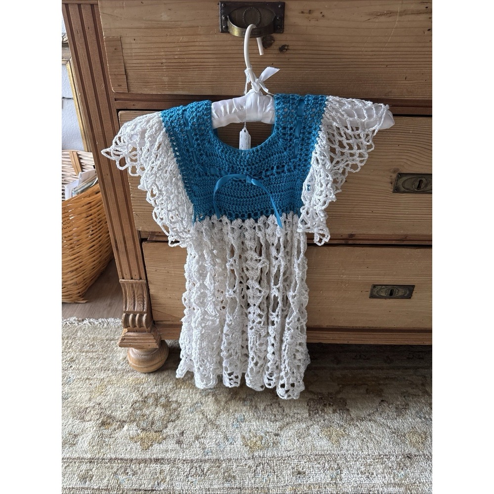 VTG  Handmade Teal & White Girl's Dress Sz 4/5 - Picture 7 of 7